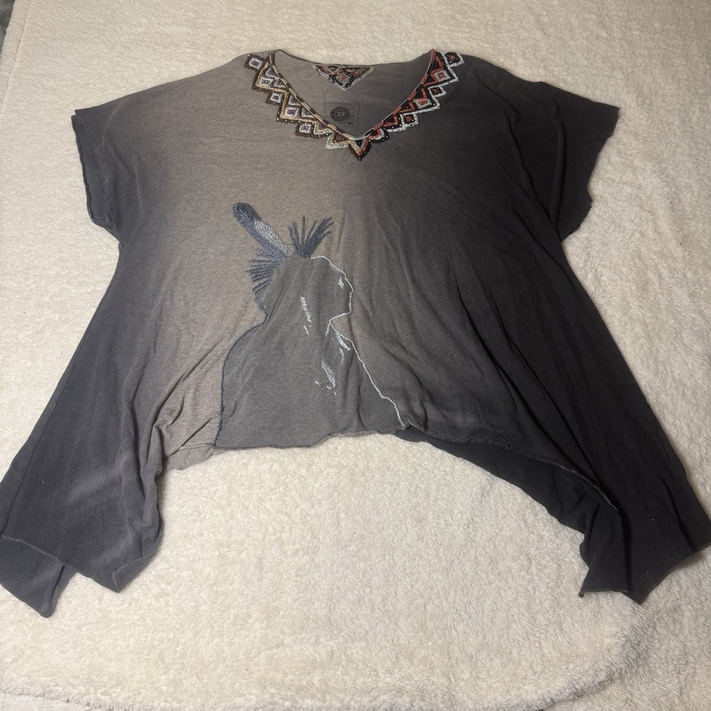 Double D Ranch Women's XL Gray Embroidered Native American Poncho Top Beaded